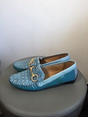 Robert Zur Woven Leather Perlata Loafers Blue Gold Horsebit Flats Women Size 7